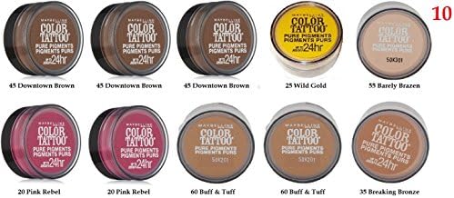 (Pack of 10) - VALUE PACK! - MIX of Maybelline New York Eye Studio Color Tattoo Pure Pigments, 45 Downtown Brown- 20 Pink Rebel- 60 Buff &amp; Tuff- 25 Wild Gol... 0.05 Ounce