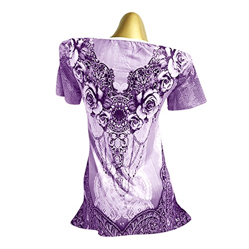 Plus Size Womens Clothing Respctful✿ Casual Short Sleeve T Shirt Boho Floral Print Top Ladies Casual Hem Blouse Purple - Thumbnail 3