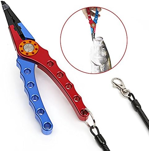 RundA Fishing Aluminum Fishing Pliers Resistant Saltwater for Cutting Braid Line and Remove Hooks or Lure with Coiled Lanyard and Belt Holder Sheath 7 Color Available(1 pack) (RedBlue)