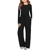 Haloumoning Girls 2 Piece Outfits Kids Ruched Long Sleeve Tops and Wide Leg Pants with Pockets Sweatsuit Clothing Sets