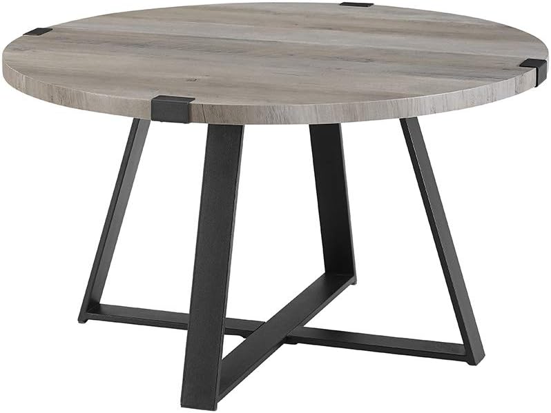 WE Furniture Rustic Farmhouse Round Metal Coffee Accent Table Living Room, 30 Inch, Grey, Black: Furniture & Decor