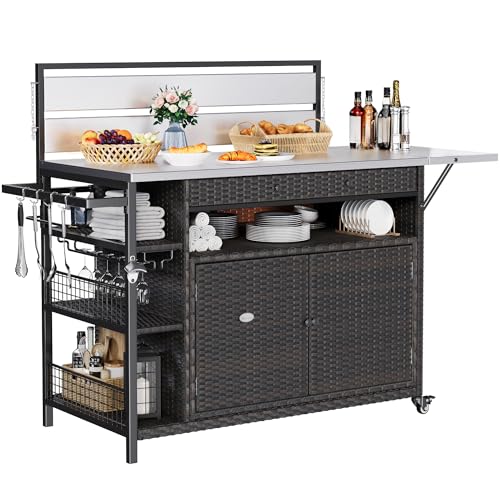 YITAHOME XL Outdoor Kitchen Wicker Island Rolling Cart & Storage Cabinet, Wheel…