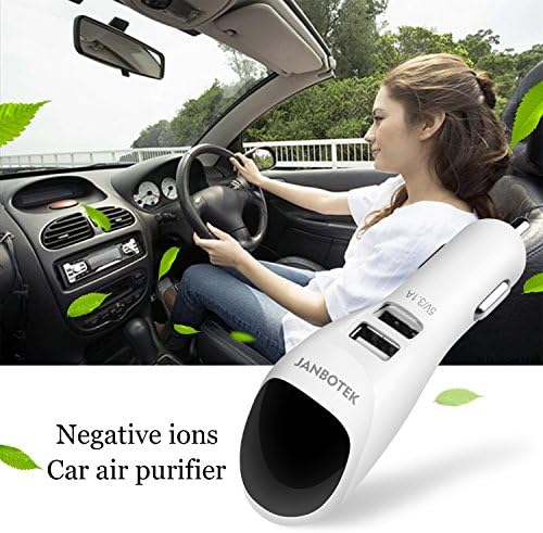 Car Air Purifier, JANBOTEK Ionic Air Cleaner Ionizer with 2 Smart USB Port Smart Car Charger - Removes Smoke, Bad Smell and Odors Eliminator (White)