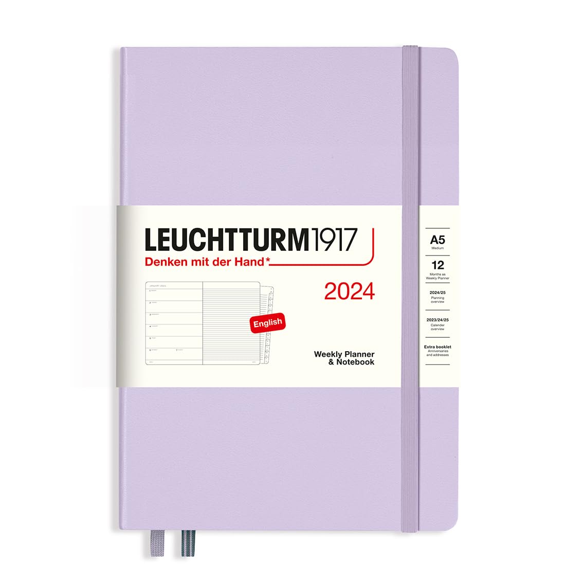 LEUCHTTURM1917 367703 Weekly Calendar & Notebook Medium (A5) 2024, 12 Months, Lilac, English
