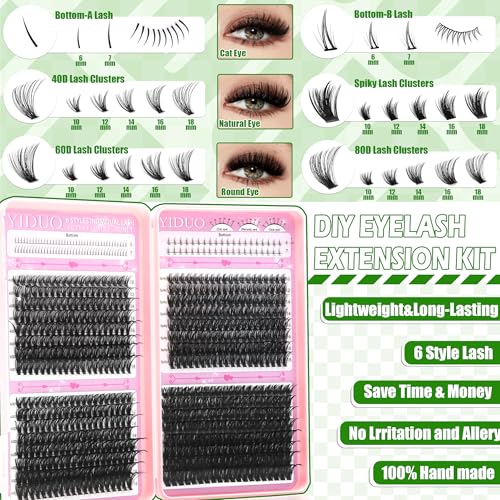 YIDUO 1846Pcs Lash Clusters Kit with Spikes+Bottom Cluster Lashes Kit Mix Styles 10-18mm Volume D Curly Wispy Soft DIY Individual Eyelash Extension Kit with Glue pestañas postizas Wholesale Large Pack