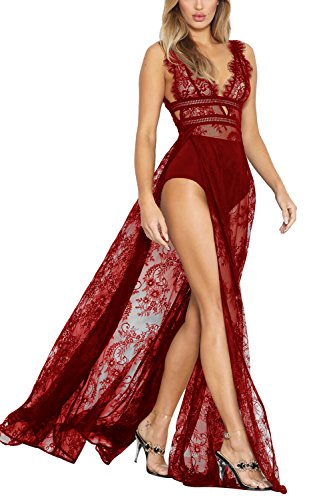 Meenew Women's Sleeveless See-Through Lace Lingerie Gown Maxi Long Dress Ruby XL