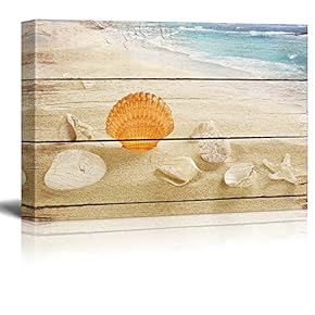 Canvas Prints Wall Art - Seashells on The Beach with Vintage Wood Background - 12" x 18"
