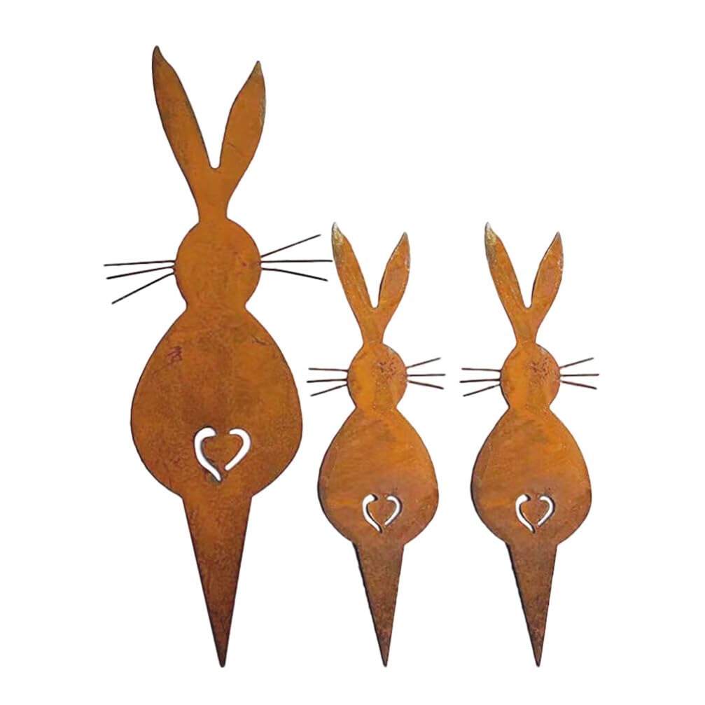 Baluue 3pcs Rabbit Garden Stake Metal Easter Bunny Garden Rusty Animal Stake Yard Art Decoration for Spring Outdoor Lawn