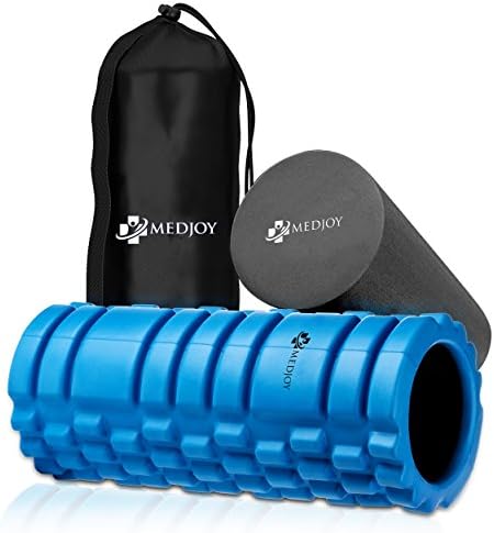 Med Joy-Foam Roller 2 in1 Muscle Massager. 13 inch Textured Grid and Smooth Muscle Roller for Trigger Point and Deep Tissue Massage- Reduce Muscle Soreness and Pain-Bonus Training Guide-Carry Bag-Blue