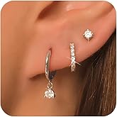 VOPIPO 3 Pairs Small Silver Hoop Earrings Set, Hypoallergenic Stud Earrings for Women Trendy,Dainty Cartilage Huggie Dangle Earrings for Multiple Piercing Silver Cubic Zirconia Earring Stacks Jewelry