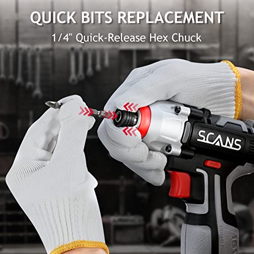 Cordless Impact Driver, 16V Brushless Impact Drill with 1/4” Hex Chuck, 2650RPM Variable Speed, LED Light, SCANS Impact Drill Set with 2.0Ah Battery/Charge, 37 Pcs Accessories, Tool Box, SC2161-1