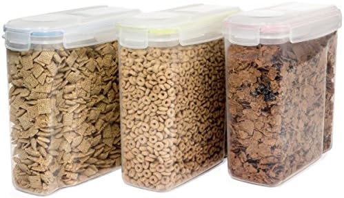 Set of Three Cereal and Dry Food Containers - Each with Uniq Colored Lockable Lid - Red, Yelow, and Blue