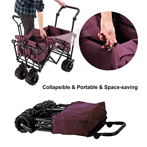 ENKEEO Foldable Utility Wagon Collapsible Sports Outdoor Cart with Removable Canopy, Large Capacity and Tilting Handle for Camping Beach Sporting Events Concerts Shopping (Burgundy)