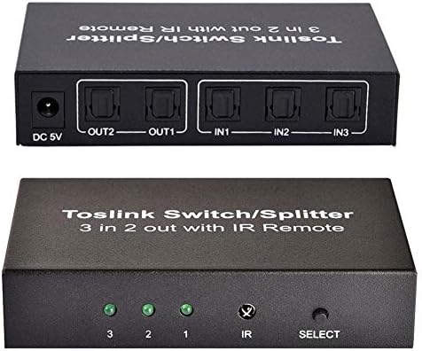 Sroomcla IR Remote Control SPDIF/TOSLINK 3 In 2 Out Toslink Cable Switch Splitter Optical Audio 3x2 Switch SPDIF Splitter