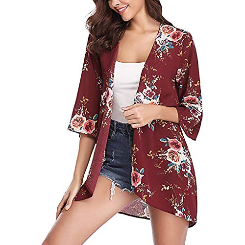 Farmerl Women Beach Shawl Leaves Print Chiffon Kimono Blouse Loose Top Outwear Red