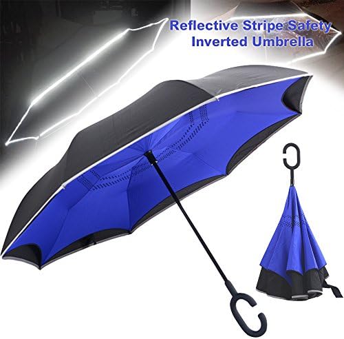 Double Layer Self-standing Inverted Umbrella with SOS Reflective Stripe Safety Car Reverse Folding Umbrella for Women & Men - Windproof Waterproof Auto ¡­