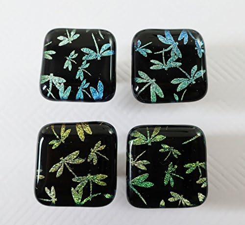 Set of 4 handcrafted fused dragonflies dichroic glass cabinet knobs drawer pulls Satin nickel finish