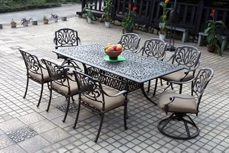 Amazon Com Theworldofpatio Elizabeth Cast Aluminum Powder Coated 9 Piece Dining Set With 44 X 84 Rectangle Table Antique Bronze Garden Outdoor