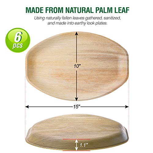 KIKI Green Palm Leaf Serving Platters 15 x 10 Inch Heavy Duty Compostable Serving Trays for Parties, Bamboo Trays Chemical Free Pack of 6