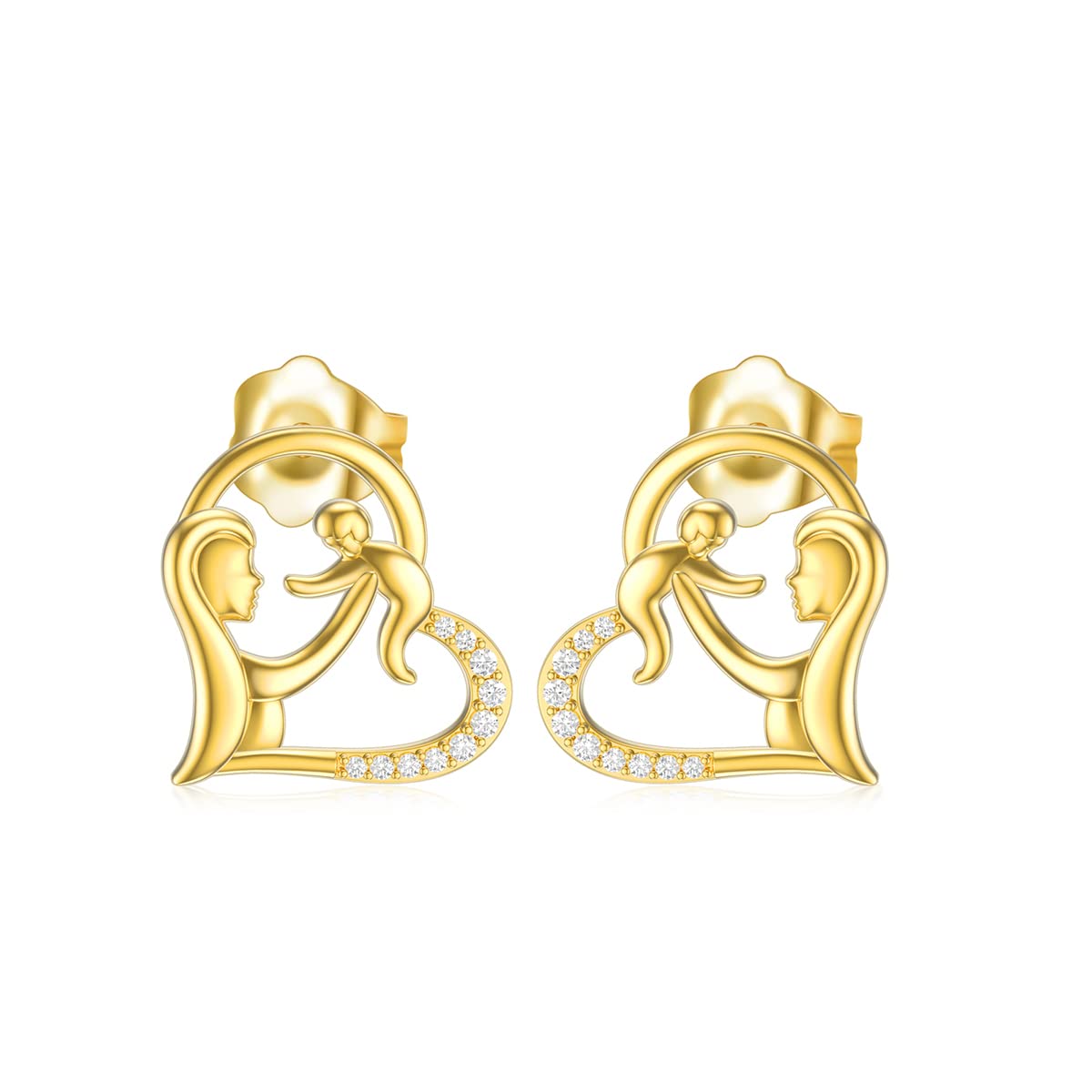 SISGEM 9 ct Gold Heart Stud Earrings, Solid Yellow Gold Mother and Daughter Studs, for Mother's Day Women Girls Ladies Mum Sisters