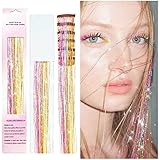 AIFIHIYI Hair Tinsel Kit With Tools 48 Inch 1200 Strands Gold Tinsel Hair Extensions Heat Resistant Fairy Glitter Hair Extensions Tensile Hair Accessories For Girls Women (Gold