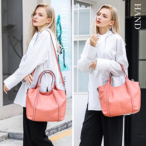 Gusio Italy 171077 Women's Tote Bag, Set of 2 with Pochette, A4 & PC Storage, Shoulder Bag, On-Off Use, High Visibility, PU Leather, Recruitment, Commuting, Business, Women's, coral pink