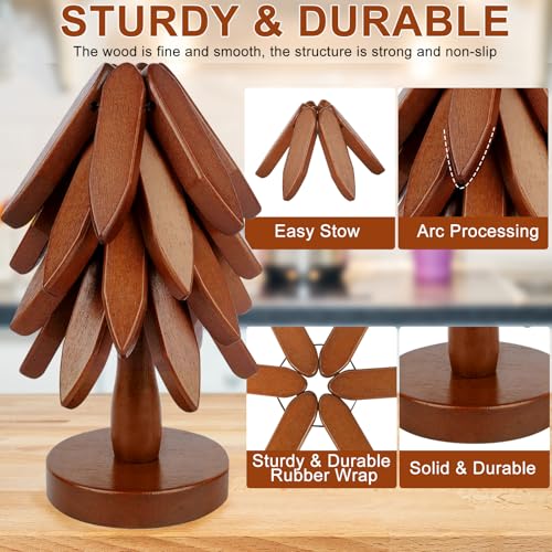 Wooden Trivets for Hot Dishes - 4 Wooden Trivets + 1 Stand, Kitchen Wooden Tree Trivet Set for Hot Dishes/Pot/Bowl/Teapot/Hot Pot Holders, Walnut