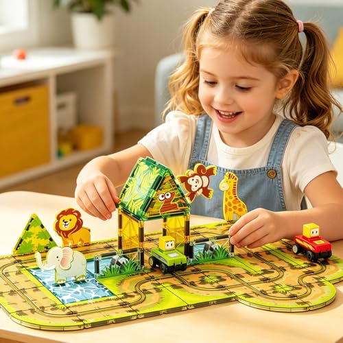 Blocos de Montar Magnéticos Construção STEM Brinquedos Infantil (45 Peças Com Animais)
