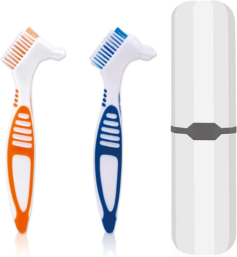 Ceonam Denture Brush 2 Pcs with White Carry Case, Multi-Tiered Bristles