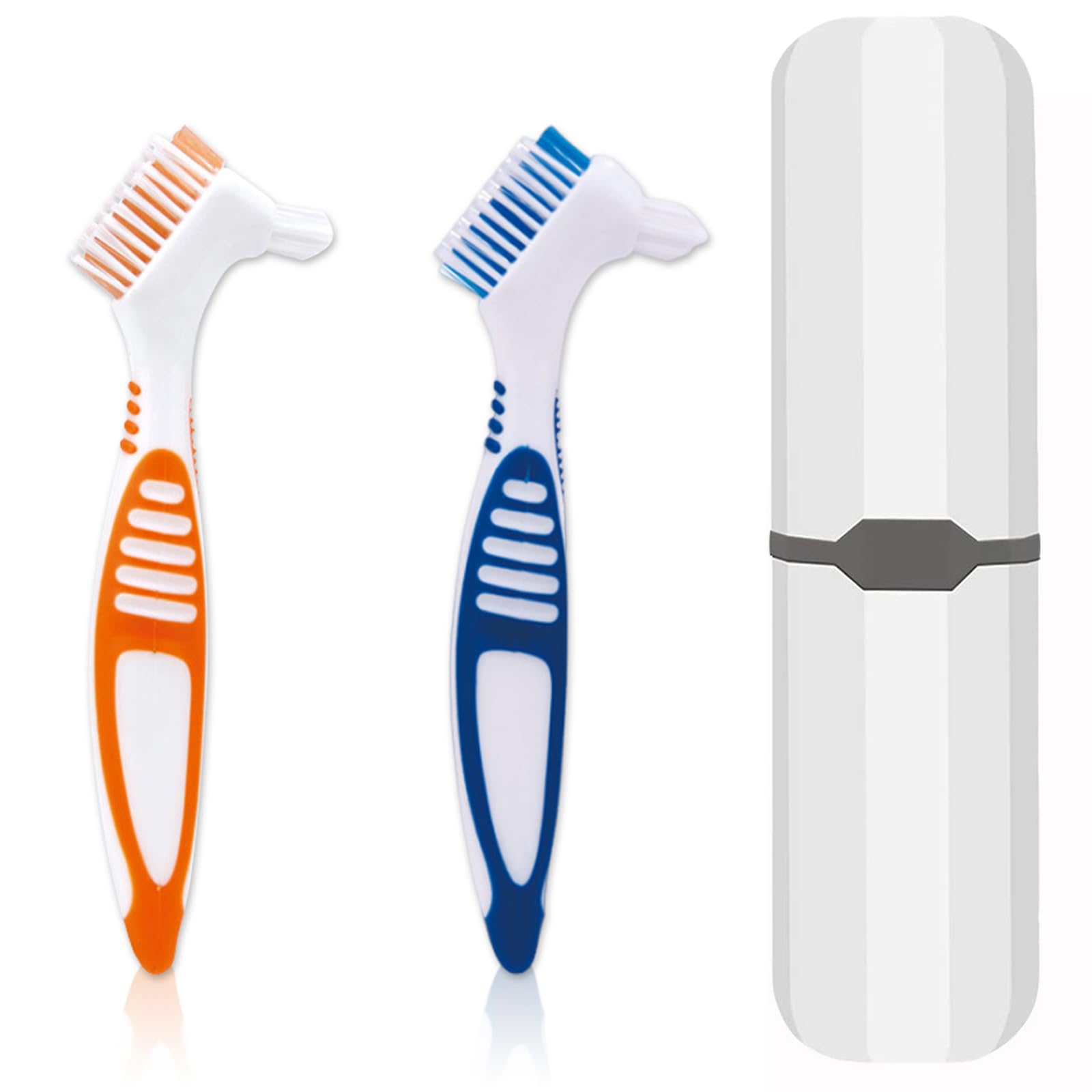 Denture Brush, 2 Pcs False Teeth Toothbrush with White Carrying Case, Multi-Tiered Bristles with Comfort Grip Handle for Effective Denture Cleaning