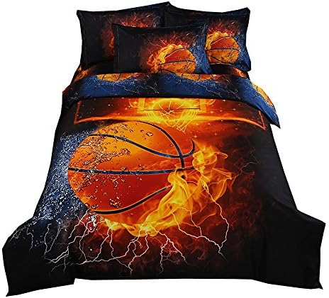 EsyDream 3D Basketball Bedding Lifelike Cool Ball in Fire and Water Printed Duvet Cover Set 3d Fire Basketball bedding set boys Bed Sheet,Single 150x200cm 2pc/set