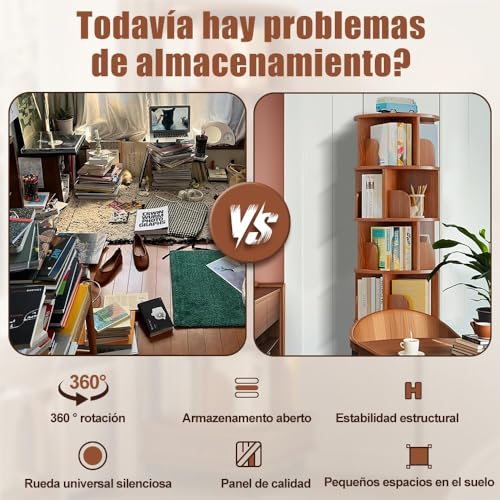 Estante Giratorio de 360 Libros, Librero Giratorio 360, Redondo de Almacenamiento de 360, Estanterías de Esquina de 5 Niveles para Espacios Pequeños, Librería Giratoria de Suelo para Dormitorio