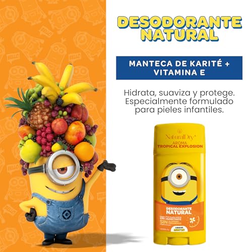 NaturalDry - Desodorante Para Niños y Teens Natural Infantil Minions 50g | Sin Aluminio ni Parabenos | 24hrs Protección | Para Niños y Adolescentes Piel Sensible (2 x Tropical Explosion)