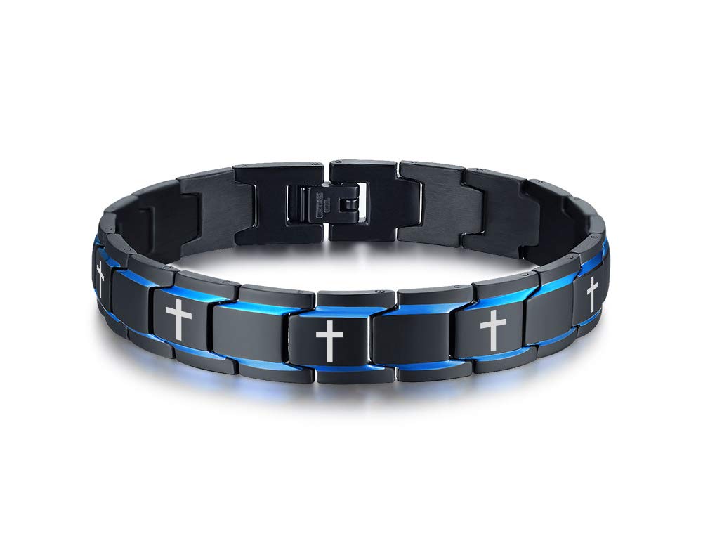 2-Tone Black and Blue Stainless Steel Cross Engraved Prayer Religious Christian Bracelet for Men Father Men's Catholicism jewellery
