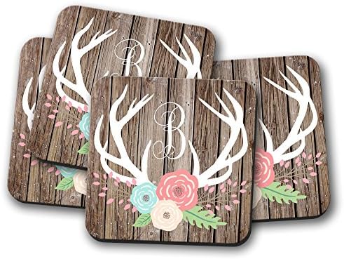 Deer Antler Rustic Wood Floral Cork Backed Coasters with Holder