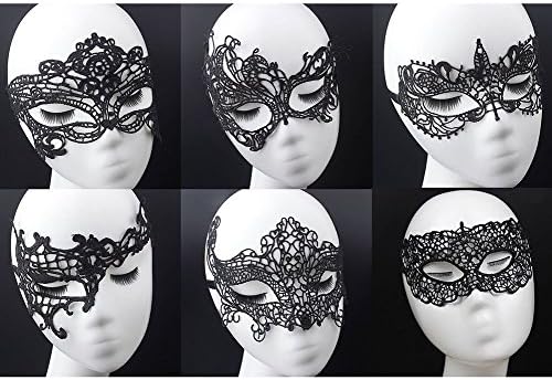 Taumini Womens Party Face Eye Mask, Women's Black Lace Mask Party Ball Masquerade Fancy Dress Masks Pack of 6