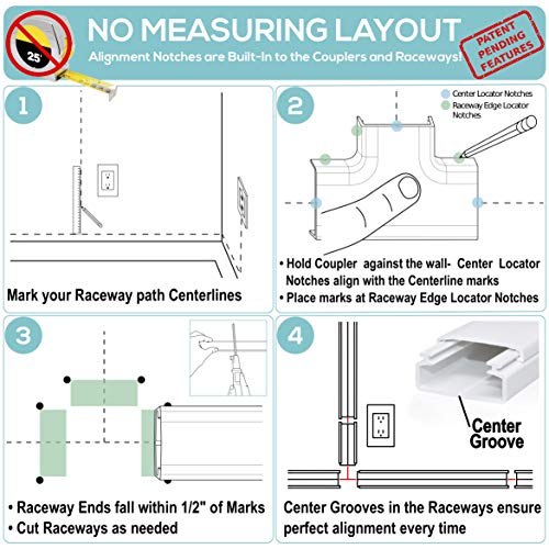 Cable Management On-Wall Raceway Kit, Easy Install, 200" Total w/19 Couplers, Covers Your Whole Project- Saves You Money, Conceal and Organize Cables & Wires Around Your Home, Office, TV - Thumbnail 4