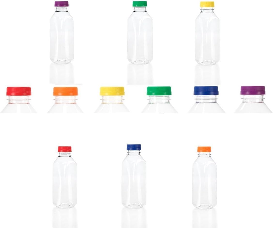 (6) 16 oz. Clear Food Grade Square Plastic Juice Bottles with Tamper Evident Caps 6/pack (Mixed Lids)