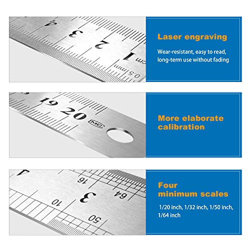 Stainless Steel Ruler, 3 Pcs Double-Scale Metal Ruler with Storage Bag, 6 Inch/15cm, 8 Inch/20cm and 12 Inch/30cm Metric Ruler for School, Office, Architect, Engineers, Craft (Silver) - Thumbnail 3