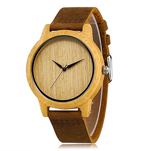 CUCOL Men's Bamboo Wooden Watches Minimalism Brown Cowhide Leather Strap Japanese Quartz Movement for Groomsmen Anniversary with Gift Box