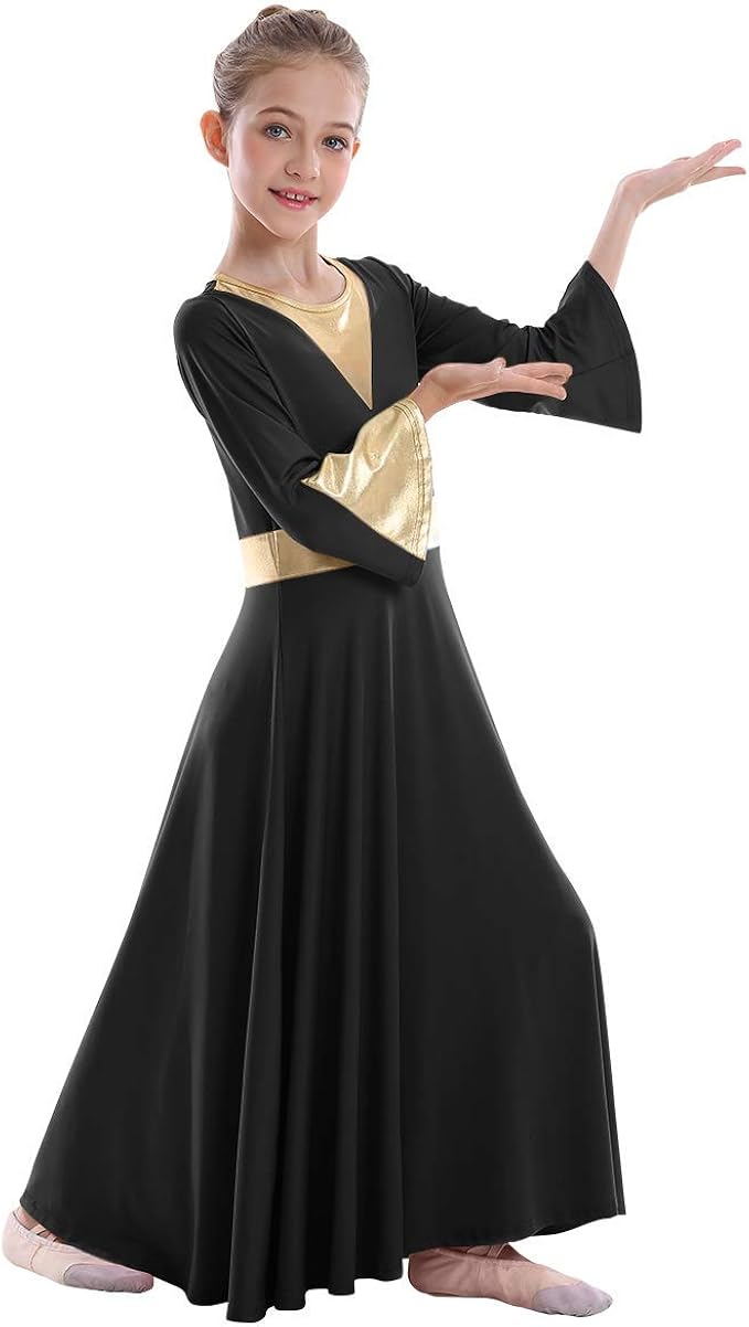 IBAKOM Girls Ruffle Praise Dance Robe Liturgical Worship Metallic Gold