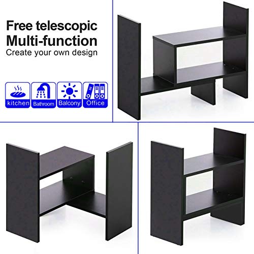 Office Desktop Bookshelf Adjustable Wood Display Shelf Desktop Organizer Office Storage Rack Countertop Bookcase Office Supplies Desk Organizer Accessories(Expandable, Espresso)
