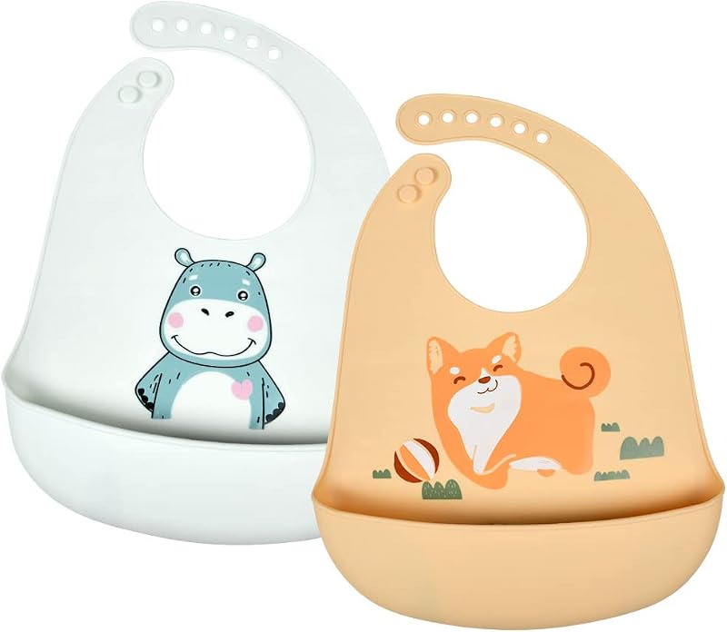 Vicloon Silicone Bibs 2-Pack Adjustable Waterproof Food Catcher Pocket Hippo