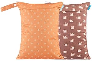 MOMIGO 2 pcs/set Wet Dry Bags for Baby Cloth Diapers - Reusable, Washable for Stroller, Diapers, Toiletries, Travel Bags, Beach, Pool, Gym Bag with Two Zippered Pockets 11.8 * 15.7 inch (Orange)