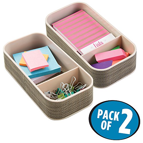 mDesign Office Supplies Desk Drawer Organizer for for Paper Clips, Sticky Notes, Tape - Pack of 2, 2 Sections, Pearl Champagne