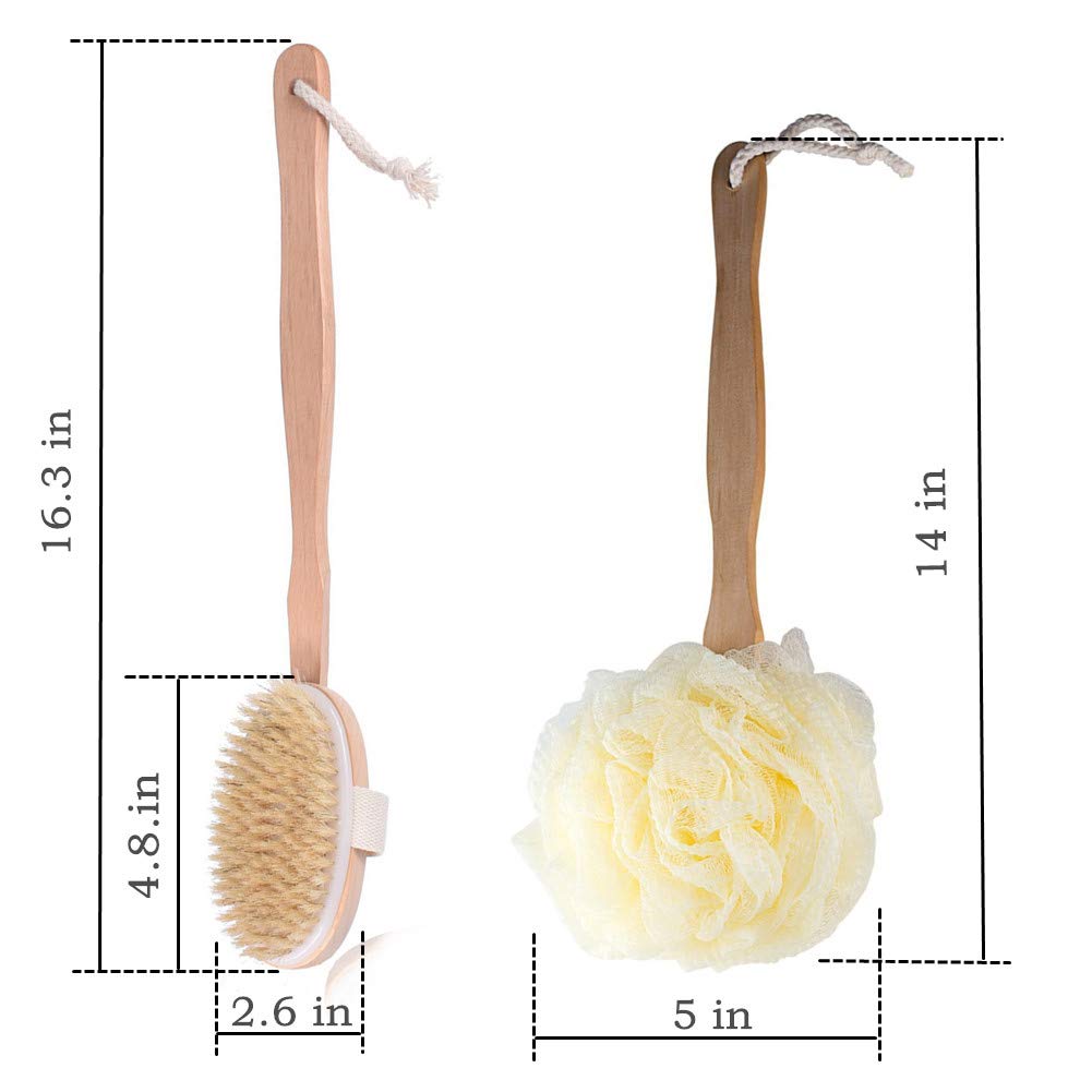 Body Brush - Brush Bath for Wet or Dry Brushing 100% Natural Bristle Detachable Handle Promote Lymphatic Draining Stimulate Blood Flow Skincare Cellulite Treatment & Exfoliator Brush