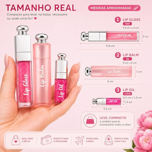 Kit Lip Gloss + Lip Balm + mini Lip Oil 3 em 1 Rosa | Brilho Labial com Glow Natural e Hidratação | Não Grudento | Aroma Frutado | À Prova D’Água