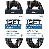 2 Pack of 15 Ft Outdoor Extension Cords - 16/3 Durable Black 3 Prong Extension Cord Pack