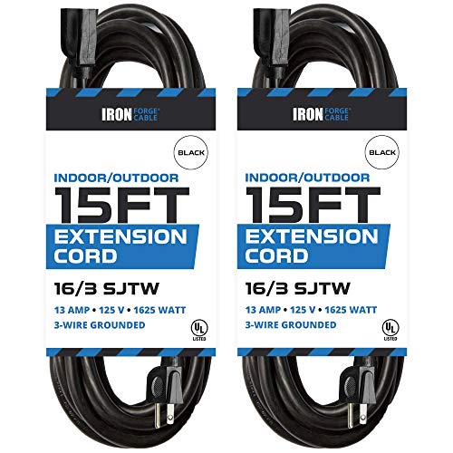 2 Pack of 15 Ft Outdoor Extension Cords - 16/3 Durable Black 3 Prong Extension Cord Pack