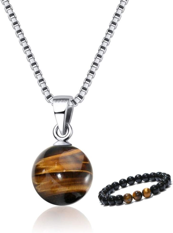 Yellow Tiger's Eye Pendant Necklace Natural Onyx Chakra Good Luck 925 Sterling Silver Buddha Meditation Yoga Bead for Women
